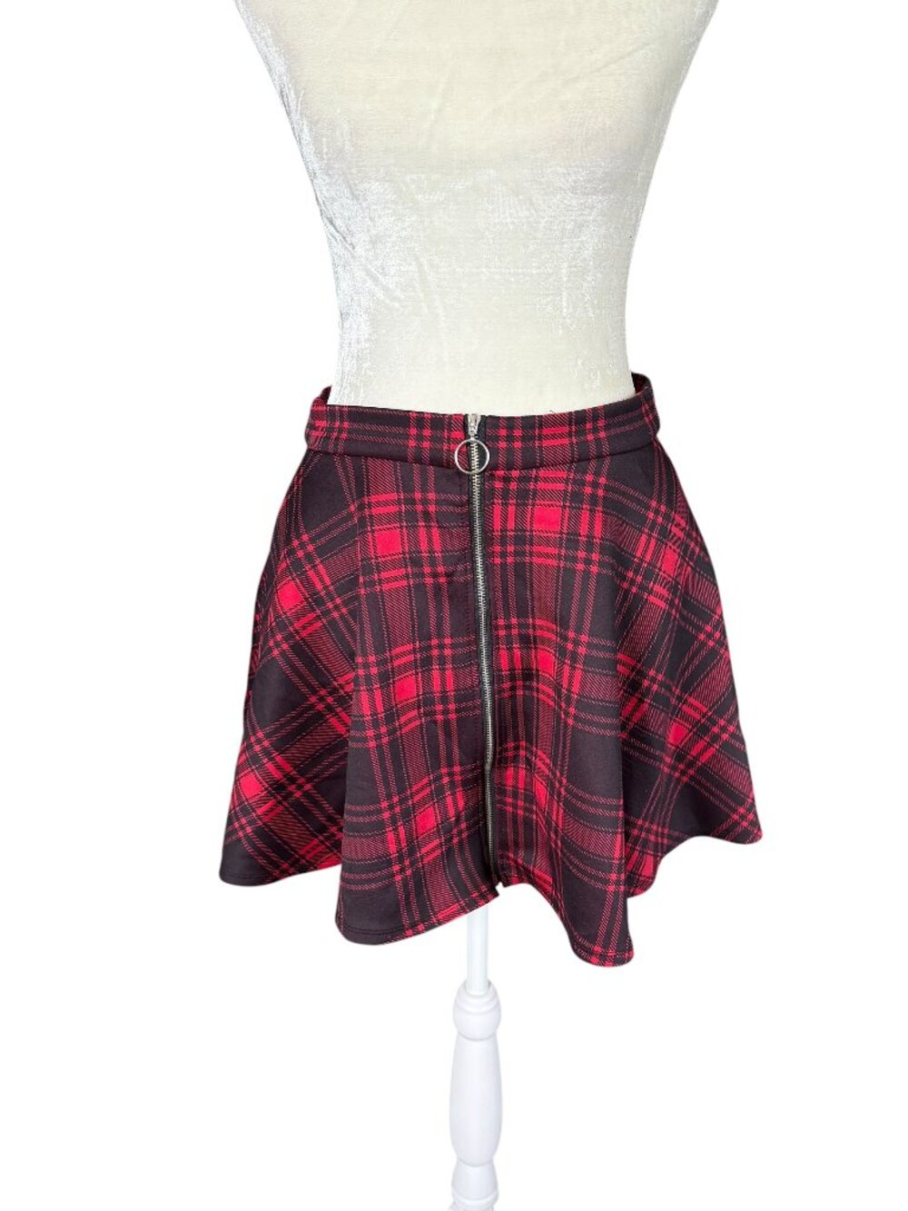 Hot Topic women's red and black plaid school girl mini skirt full front zip S